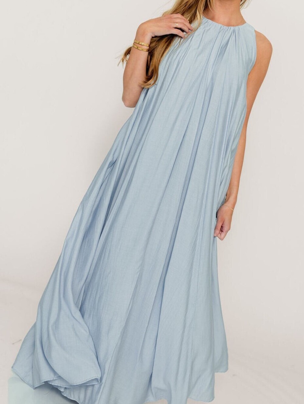 Worth Collective Pleated Flowing Powder Blue Maxi Dress NWT